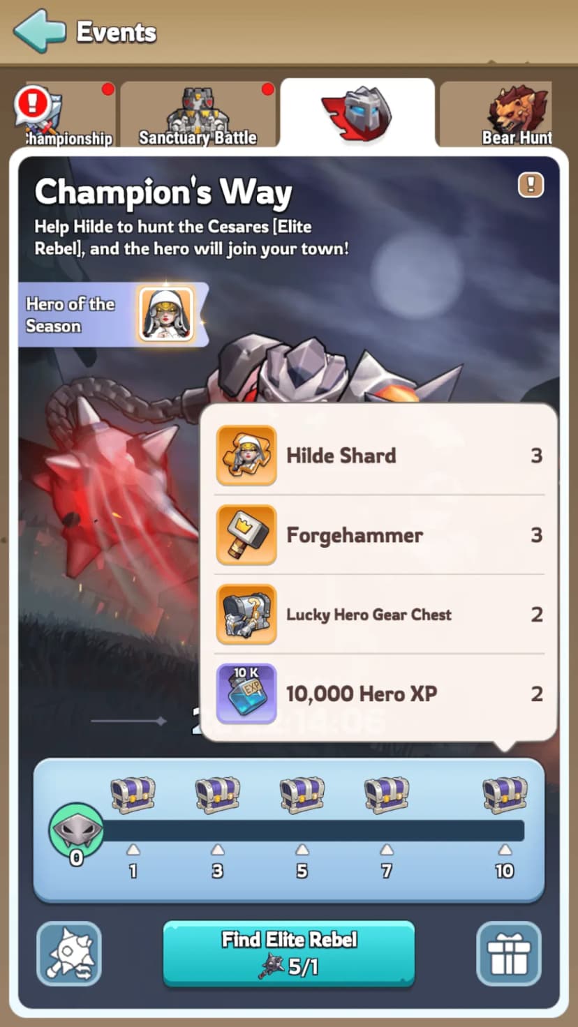Champion's Way milestone chest 1 and 3 rewards showing Mythic Hero Hilde shards, Hero XP, and Lucky Hero Gear Chests