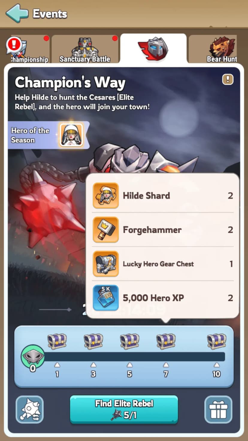 Champion's Way milestone chest 5 rewards featuring enhanced Hilde shards, advanced gear chests, and forgehammer materials