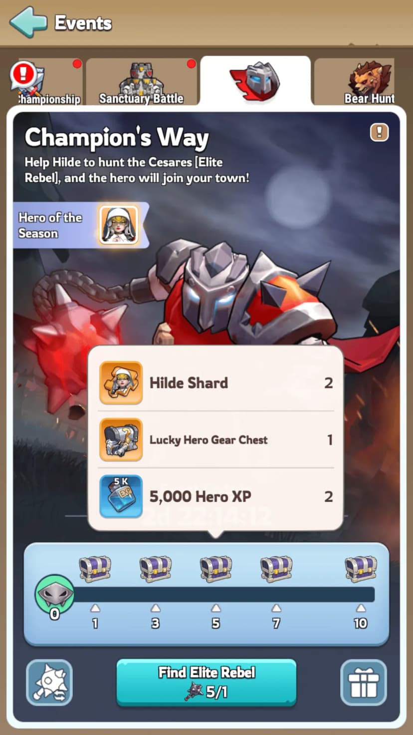 Champion's Way milestone chest 7 rewards with premium Hilde shards, exclusive gear, and advanced crafting materials