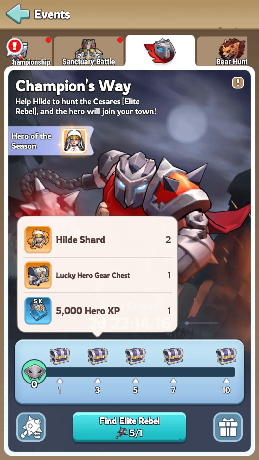 Champion's Way milestone chest 10 ultimate rewards featuring maximum Hilde shards, legendary gear chests, and premium forgehammers