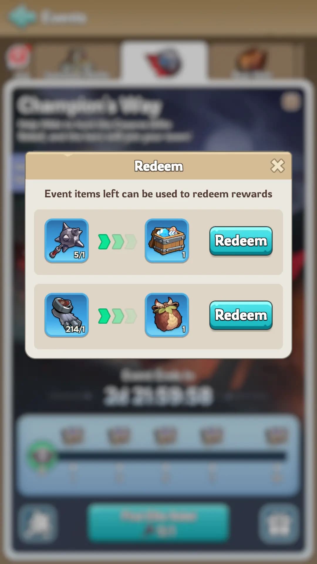 Champion's Way redemption system showing Weapon Scraps exchange for Precious Keepsakes and rally participation rewards