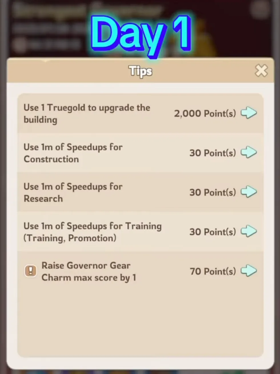Kingshot Strongest Governor Day 1 stage overview showing tasks and point allocation