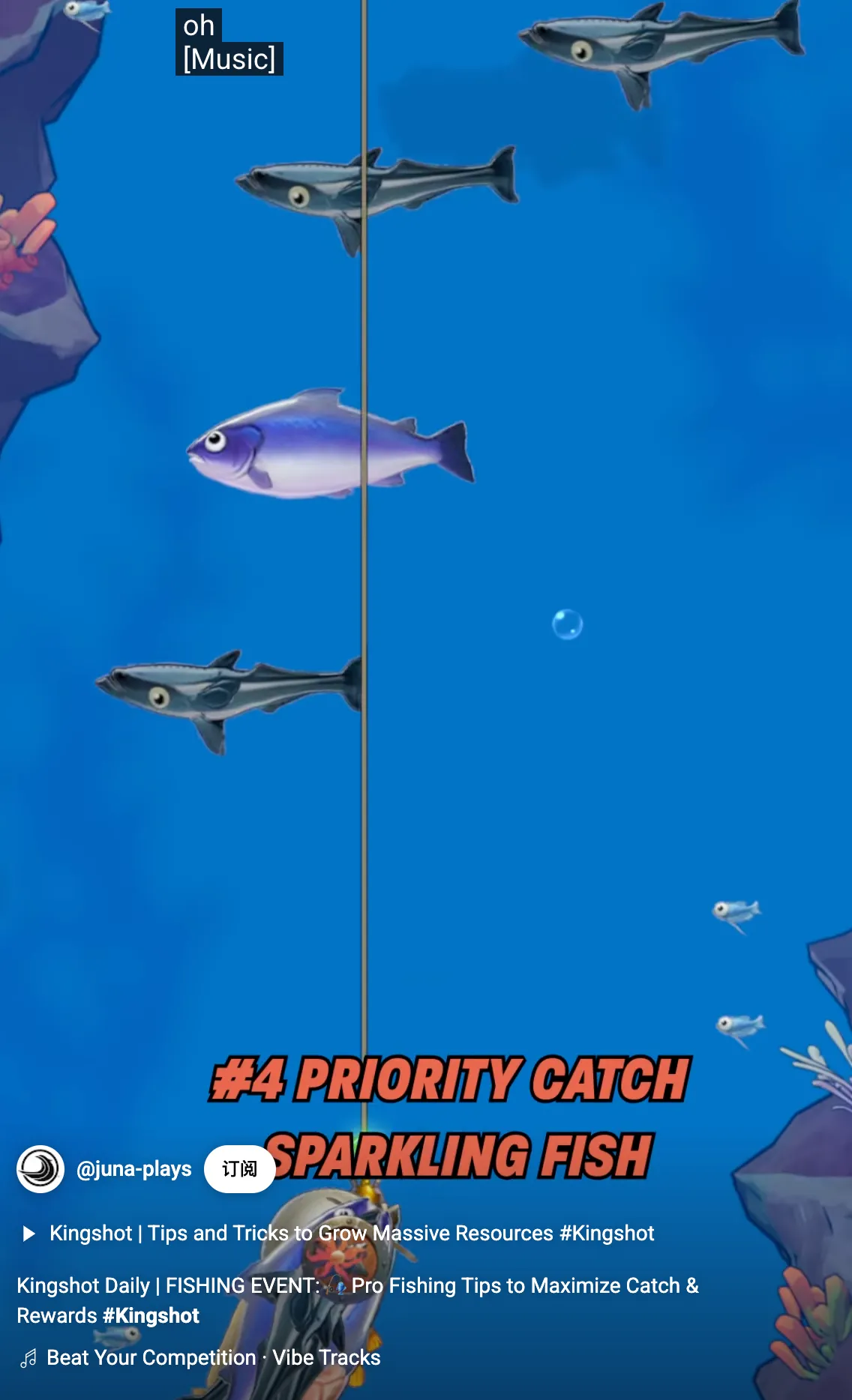 Kingshot fishing ascent phase showing sparkling fish, treasure chests, and mermaids with hook capacity management