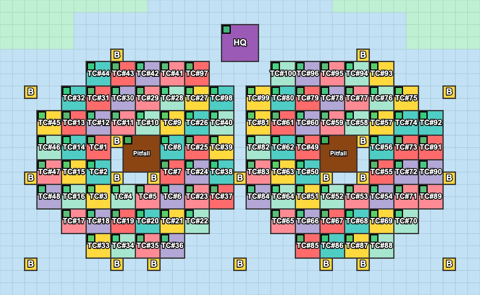 Kingshot Map Builder preview showing grid, banners, HQs, pitfalls, and territory overlays